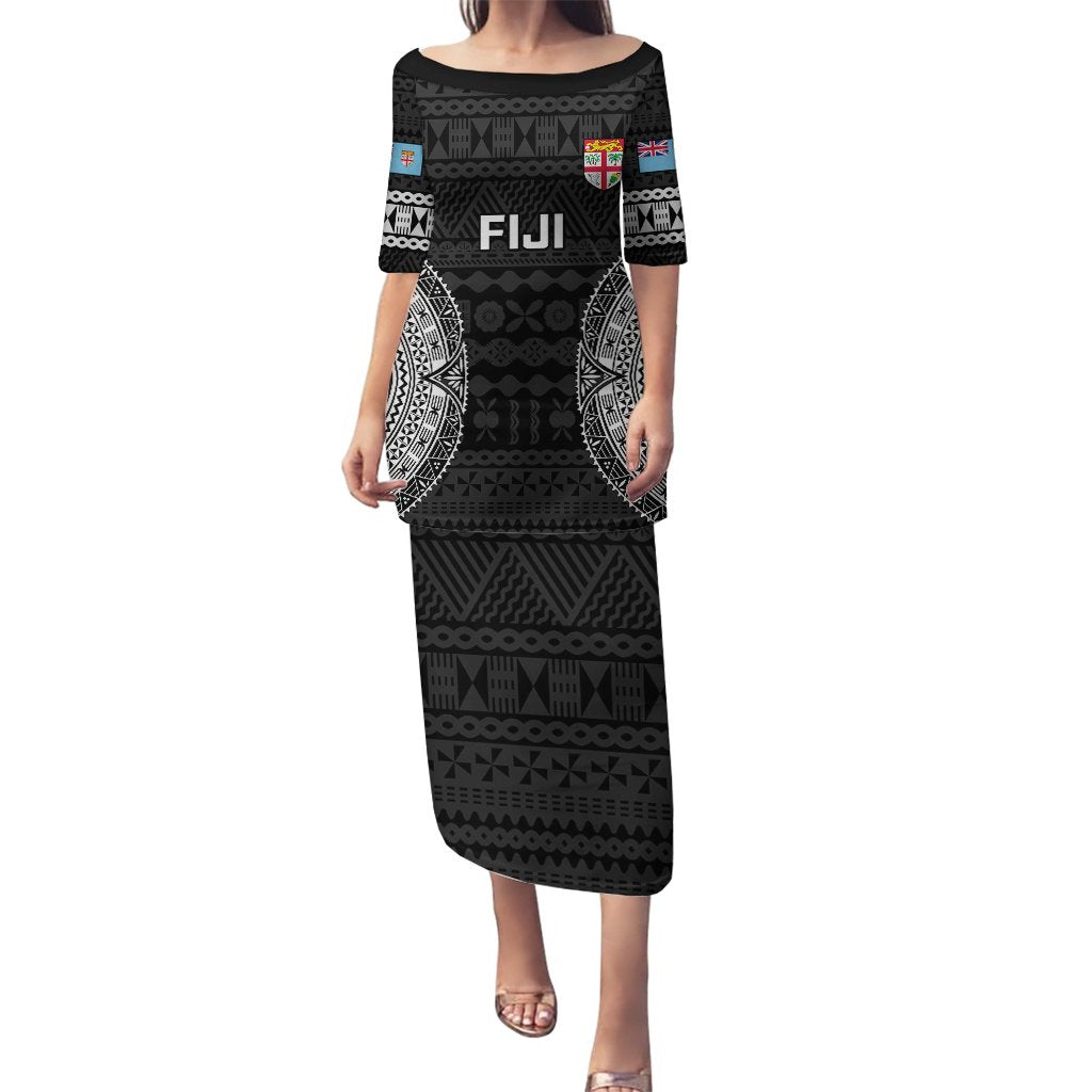 Black tapa-pattern rugby long dress with Fiji crest and geometric side panels