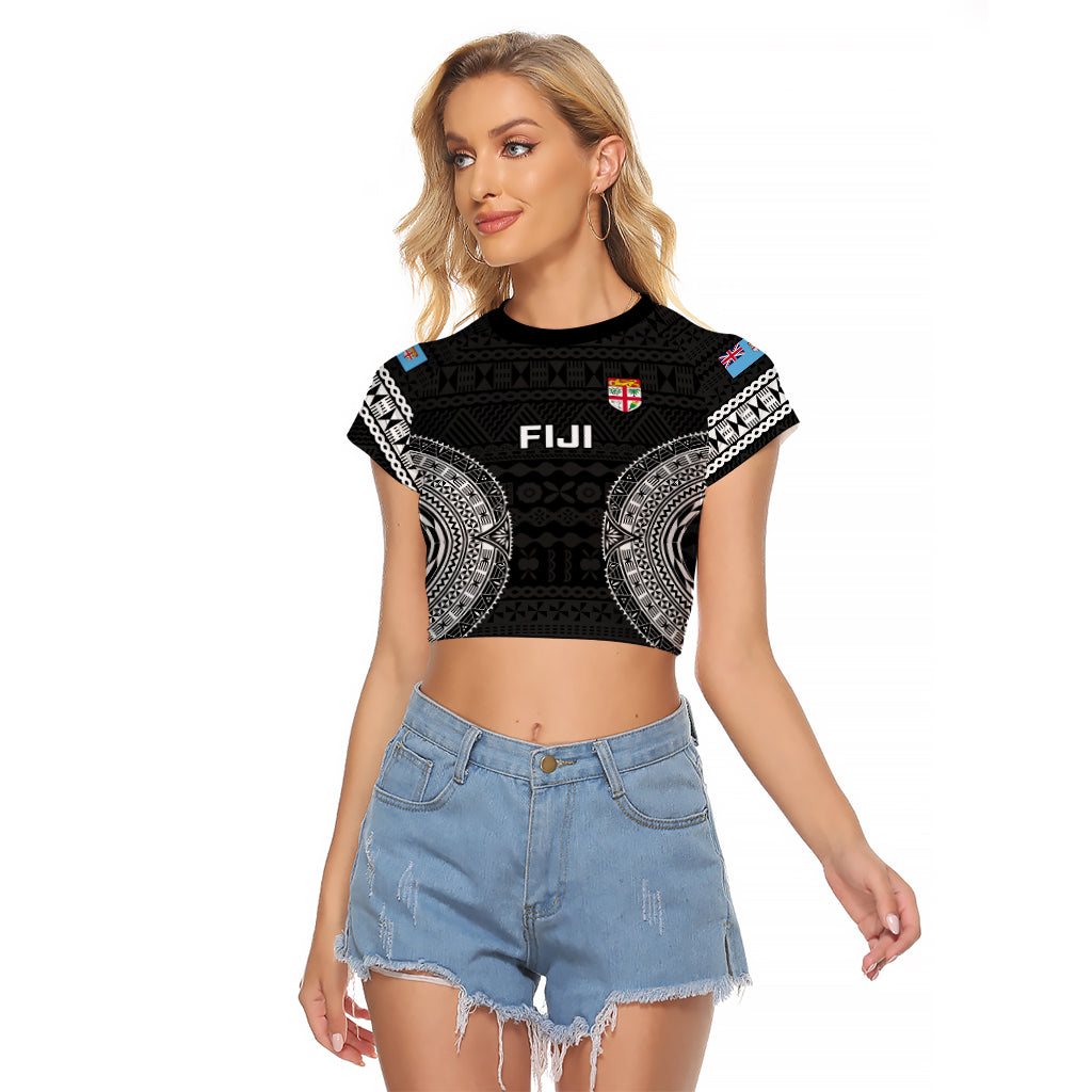 Custom Fiji Rugby Raglan Cropped T Shirt 2023 Fijian Tapa Pattern World Cup Black - Wonder Print Shop