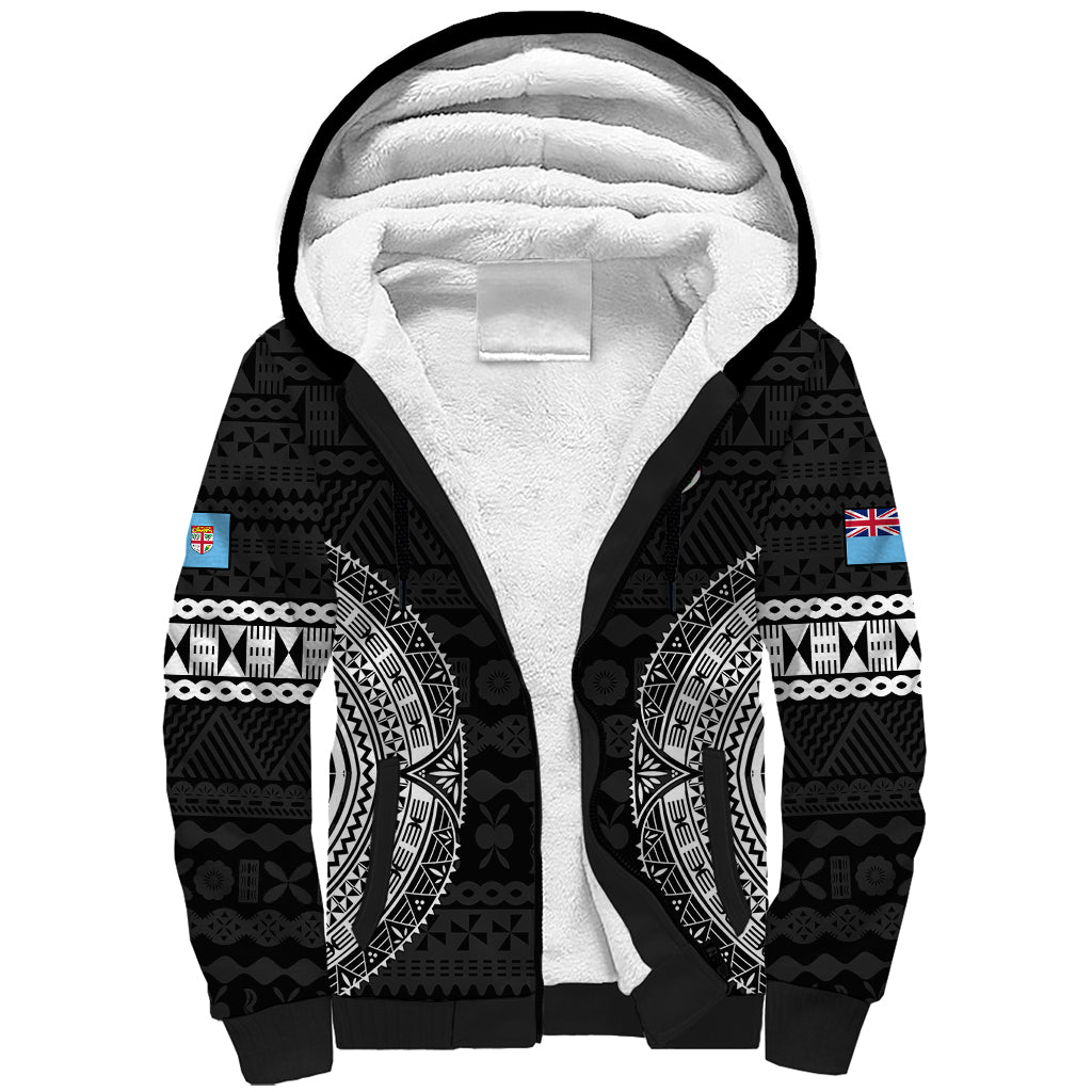 Custom Fiji Rugby Sherpa Hoodie 2023 Fijian Tapa Pattern World Cup Black - Wonder Print Shop