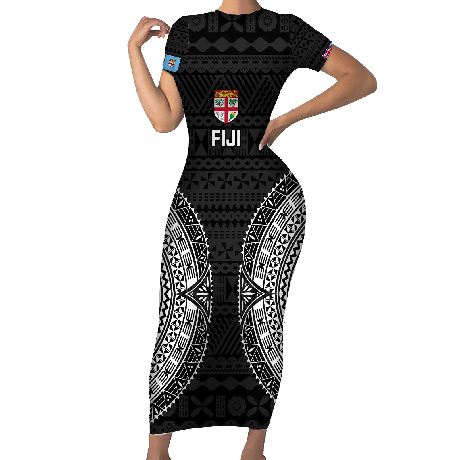 Custom Fiji Rugby Short Sleeve Bodycon Dress 2023 Fijian Tapa Pattern World Cup Black - Wonder Print Shop