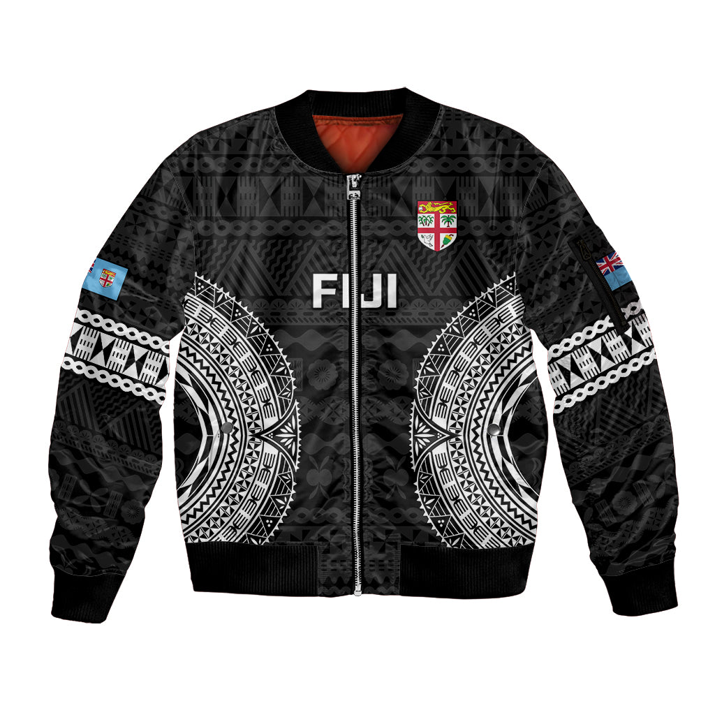 Custom Fiji Rugby Sleeve Zip Bomber Jacket 2023 Fijian Tapa Pattern World Cup Black - Wonder Print Shop