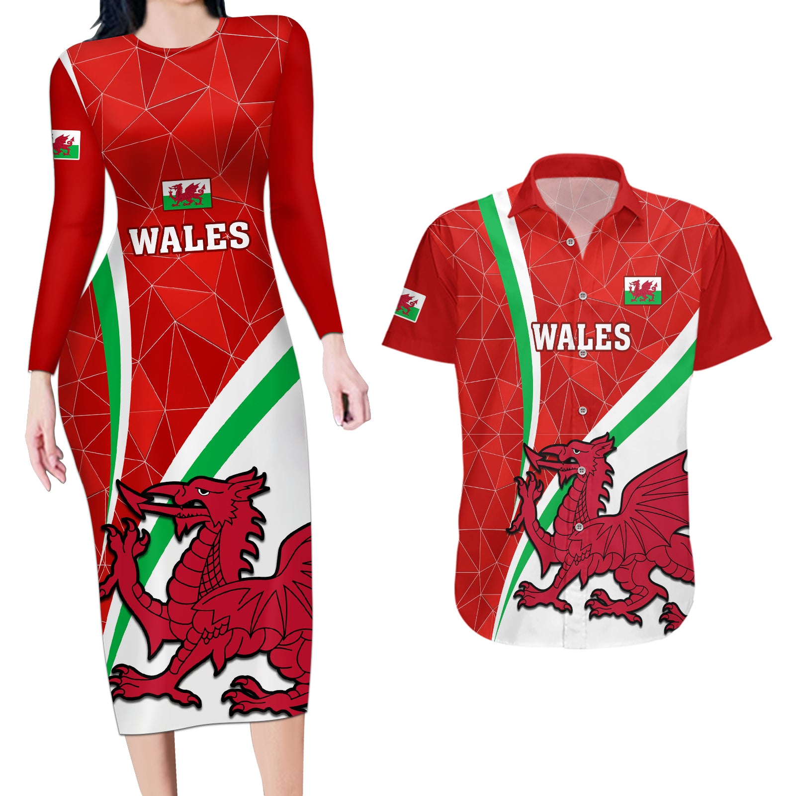 Wales Rugby Couples Matching Long Sleeve Bodycon Dress and Hawaiian Shirt 2023 World Cup Cymru Curve Style - Wonder Print Shop