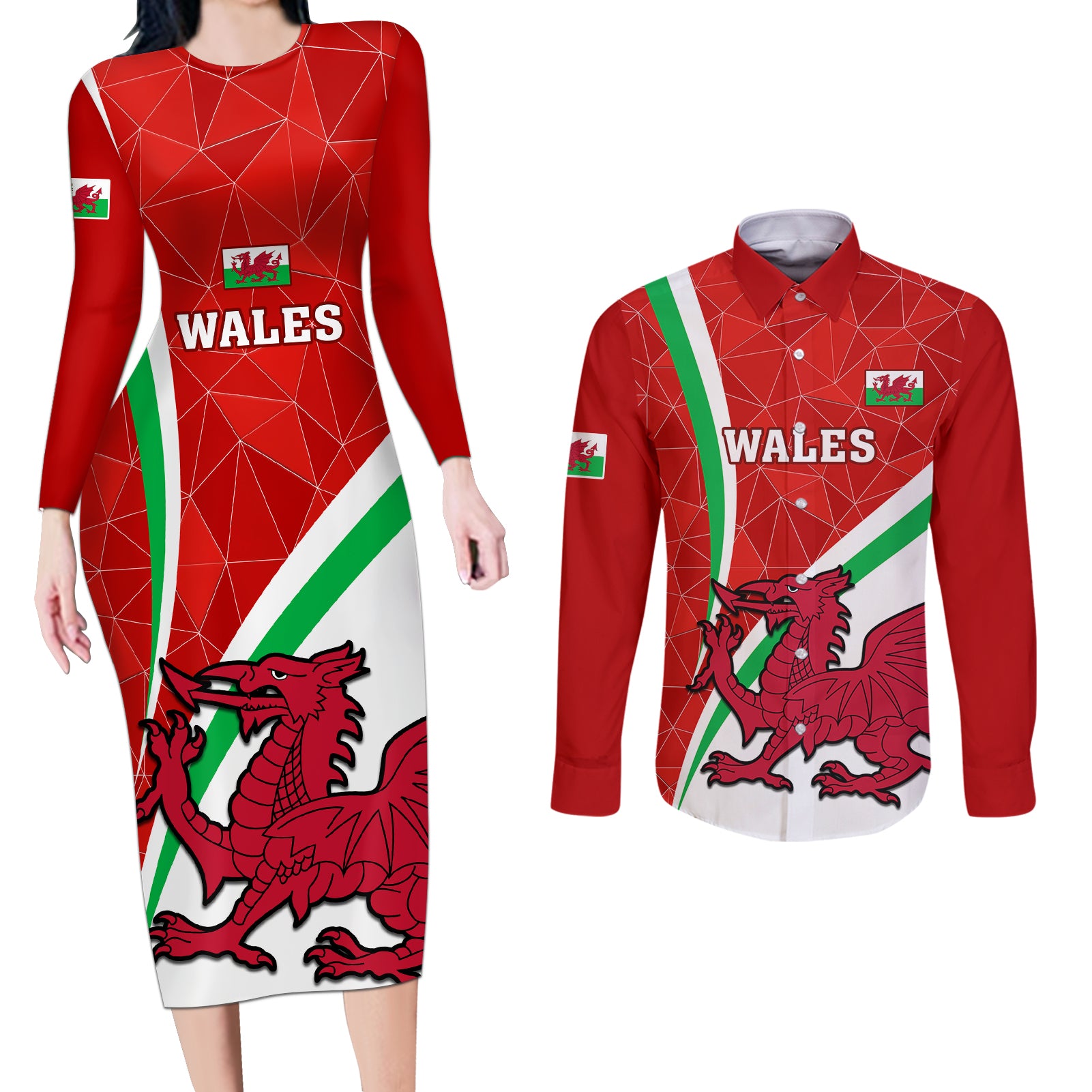 Wales Rugby Couples Matching Long Sleeve Bodycon Dress and Long Sleeve Button Shirts 2023 World Cup Cymru Curve Style - Wonder Print Shop