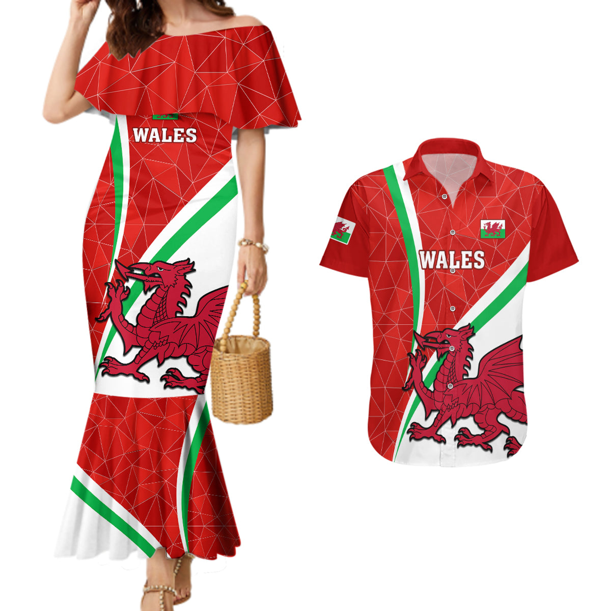 Wales Rugby Couples Matching Mermaid Dress and Hawaiian Shirt 2023 World Cup Cymru Curve Style - Wonder Print Shop