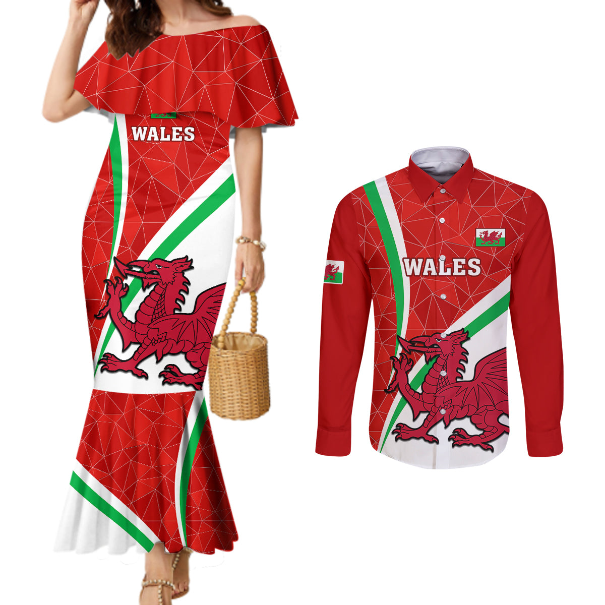 wales-rugby-couples-matching-mermaid-dress-and-long-sleeve-button-shirts-2023-world-cup-cymru-curve-style