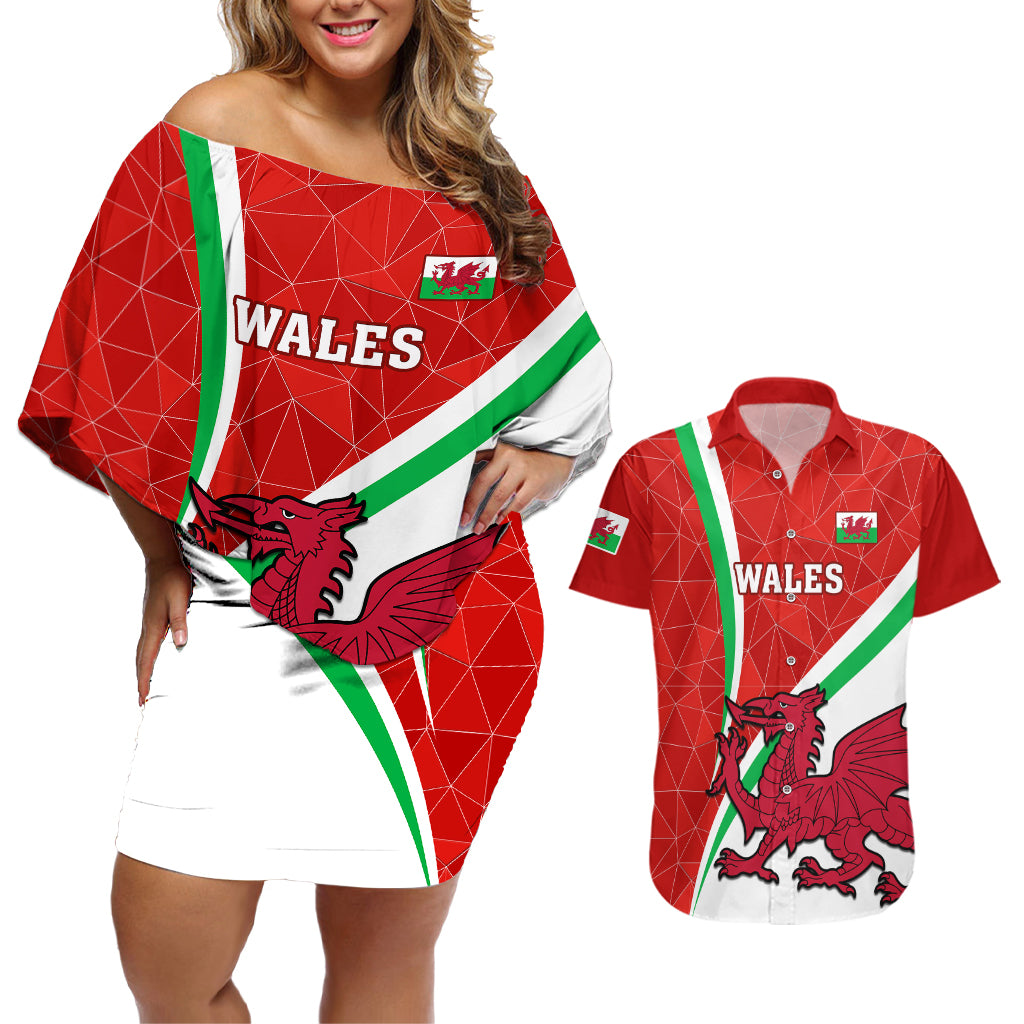 Wales Rugby Couples Matching Off Shoulder Short Dress and Hawaiian Shirt 2023 World Cup Cymru Curve Style - Wonder Print Shop