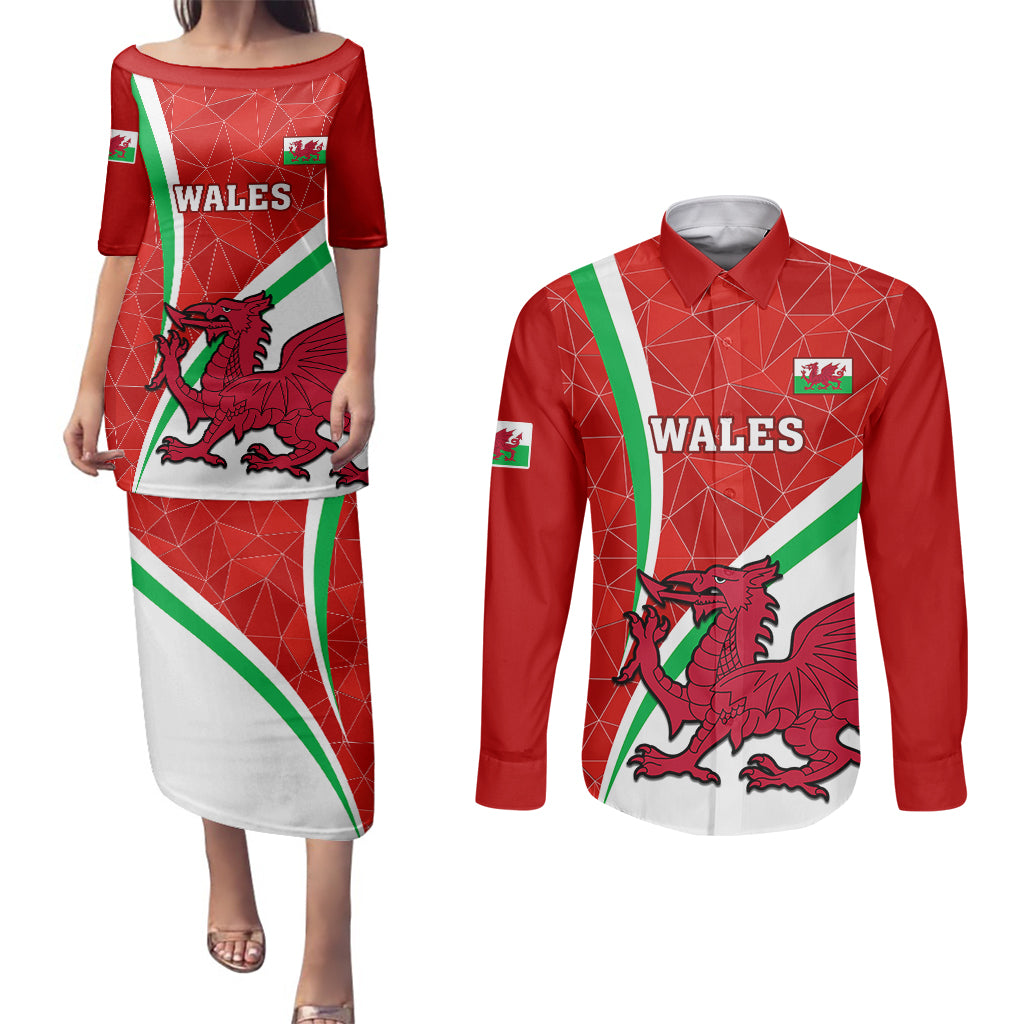 Wales Rugby Couples Matching Puletasi Dress and Long Sleeve Button Shirts 2023 World Cup Cymru Curve Style - Wonder Print Shop