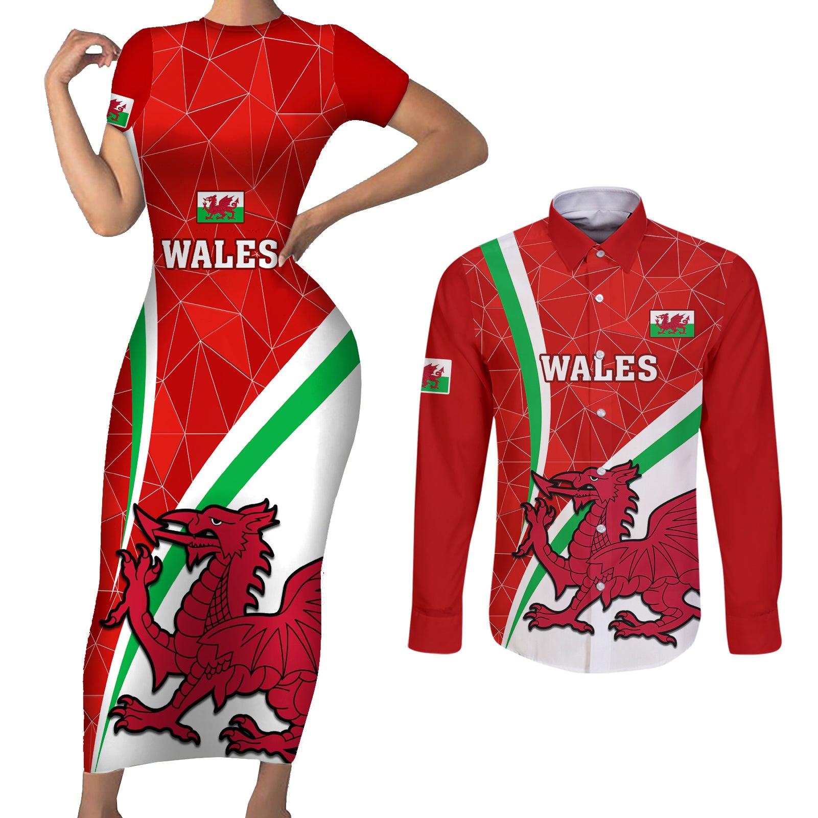 Wales Rugby Couples Matching Short Sleeve Bodycon Dress and Long Sleeve Button Shirts 2023 World Cup Cymru Curve Style - Wonder Print Shop