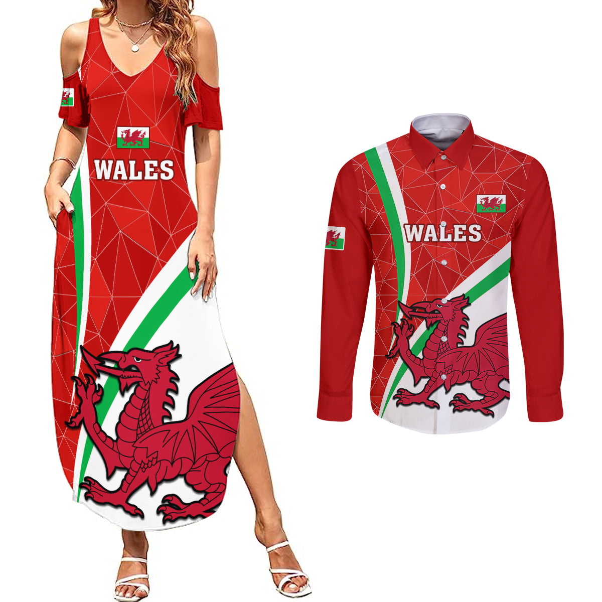 Wales Rugby Couples Matching Summer Maxi Dress and Long Sleeve Button Shirts 2023 World Cup Cymru Curve Style - Wonder Print Shop