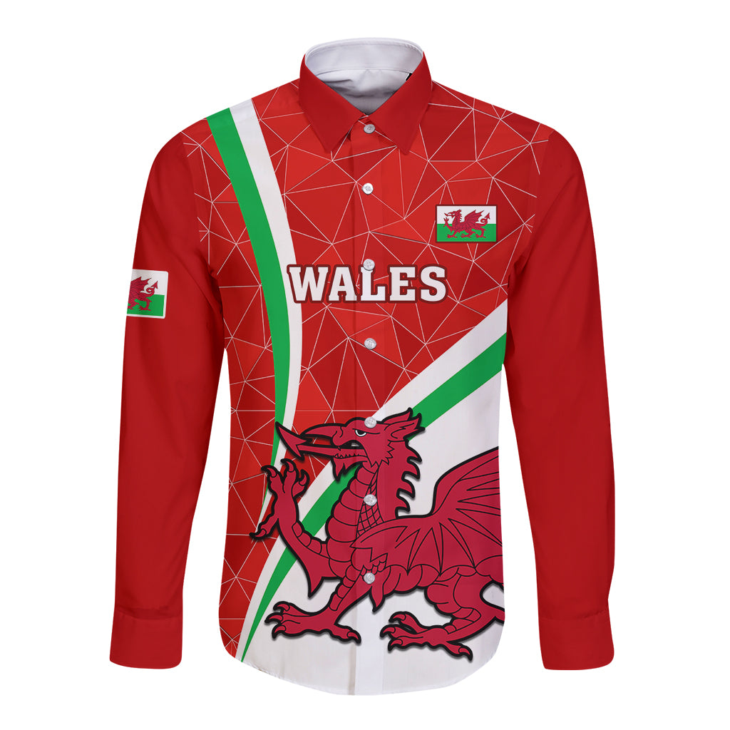 Red long-sleeve button rugby shirt with Wales badge and dragon front graphic