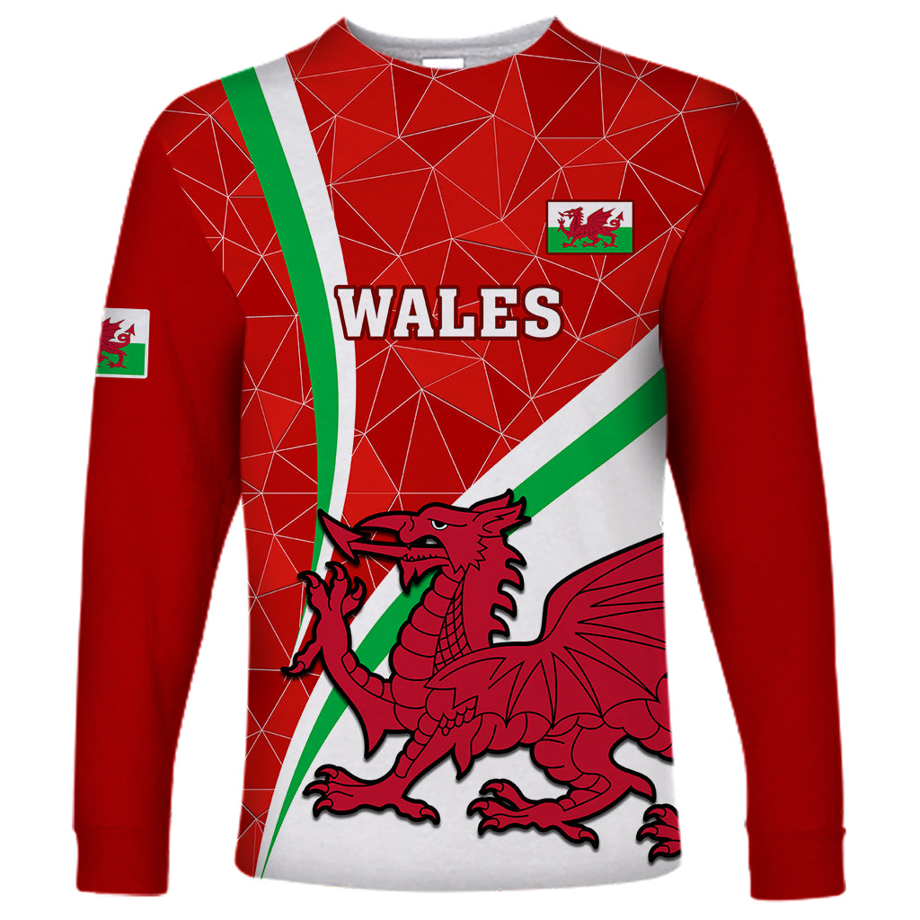 Red Wales rugby long sleeve shirt with dragon graphic, green/white diagonal stripes