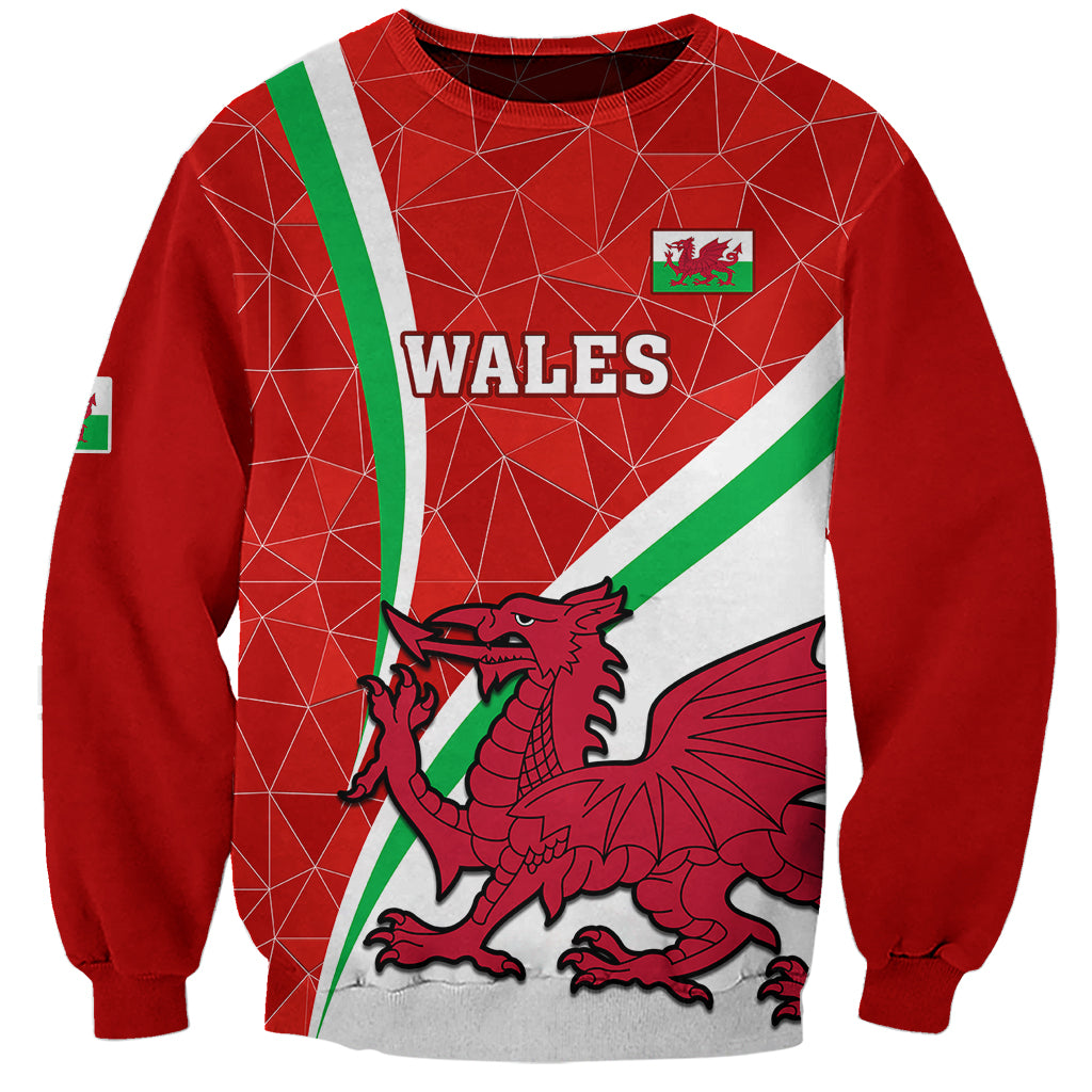Red Wales rugby sweatshirt with dragon crest and large Wales graphic