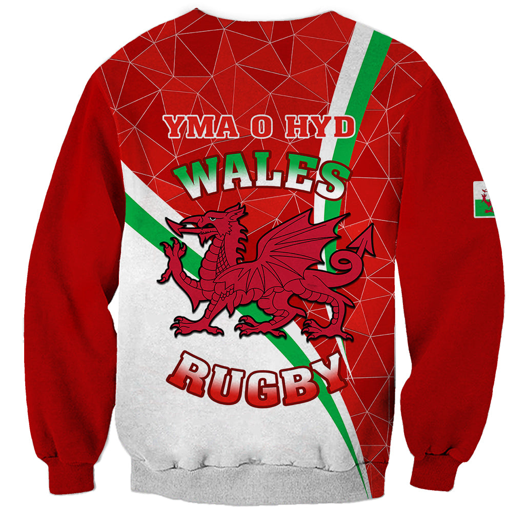 Red rugby sweatshirt with back text YMA O HYD and Wales Rugby dragon emblem