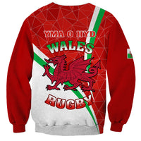 Red rugby sweatshirt with back text YMA O HYD and Wales Rugby dragon emblem