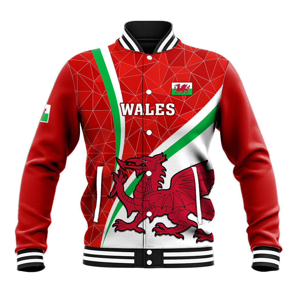 Red Wales rugby baseball jacket with green stripe, white-gray panel, dragon crest on front