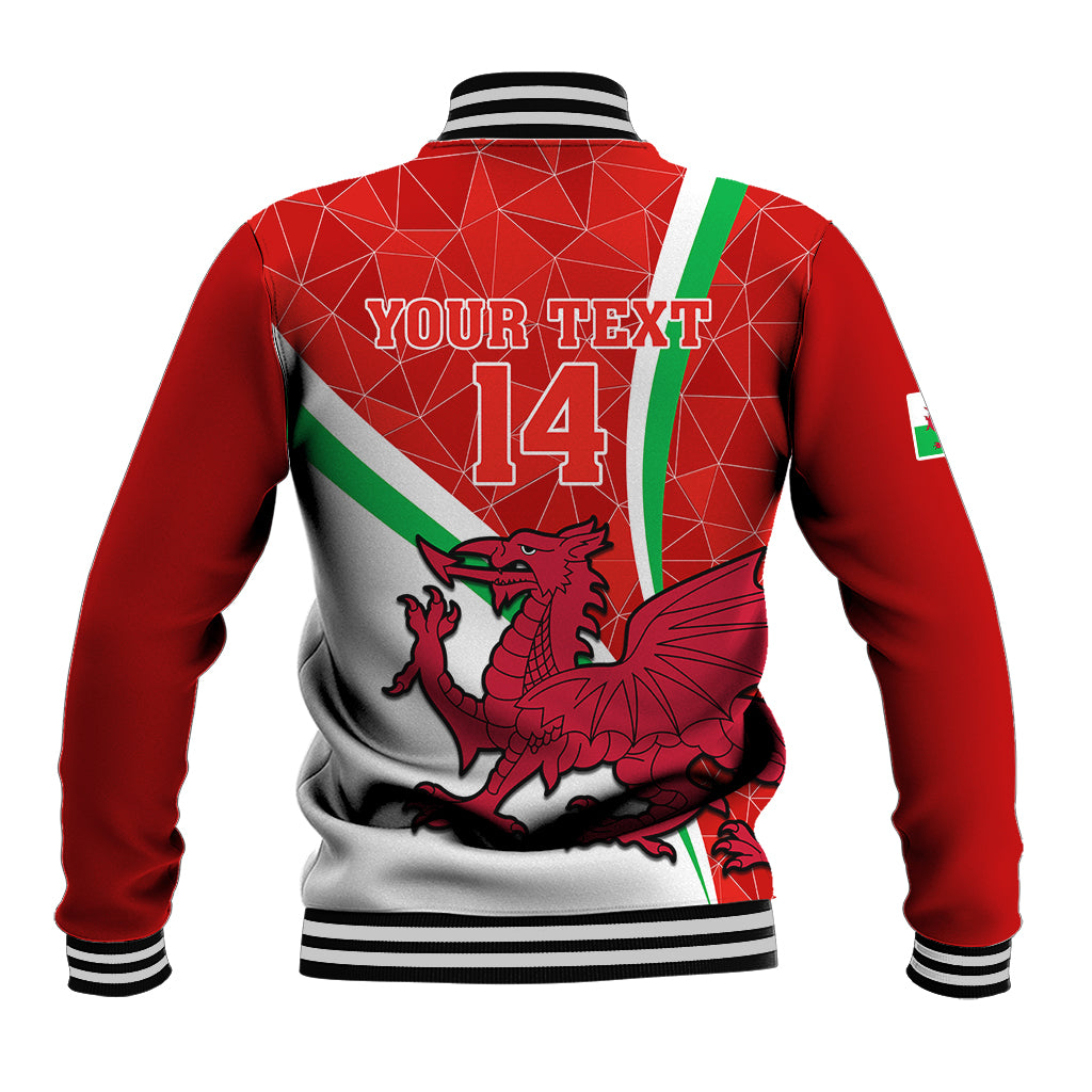 Red Wales rugby baseball jacket back with green stripe, dragon, and 'YOUR TEXT 14'