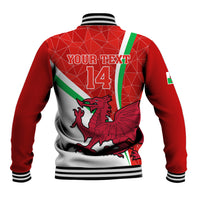 Red Wales rugby baseball jacket back with green stripe, dragon, and 'YOUR TEXT 14'