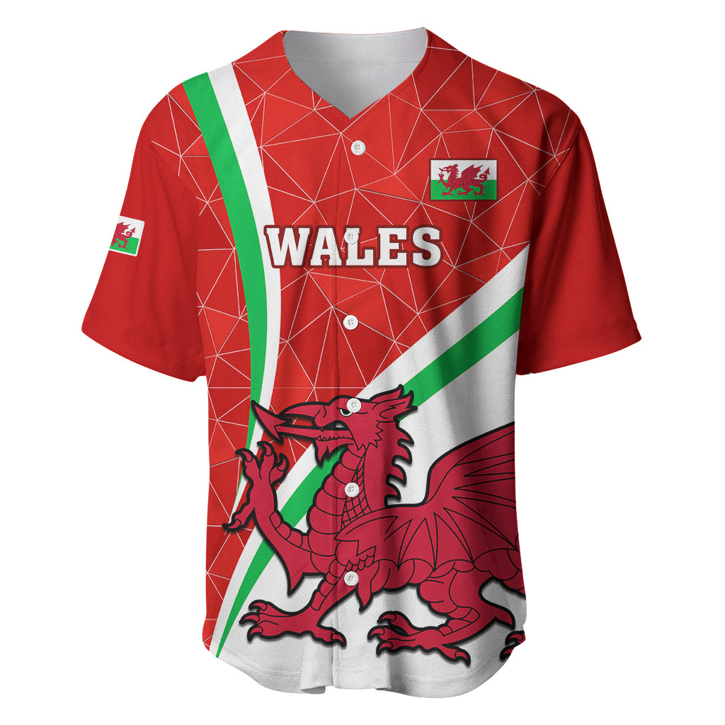 Red Wales rugby baseball jersey, V-neck, green/white stripes, dragon and crest