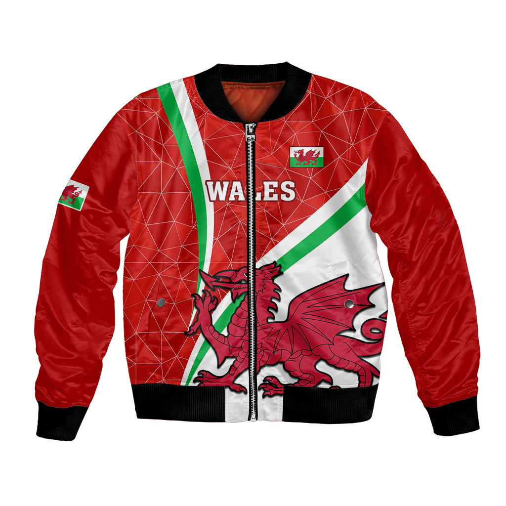 Red, white and green Wales bomber jacket with front zipper and ribbed cuffs, dragon graphic