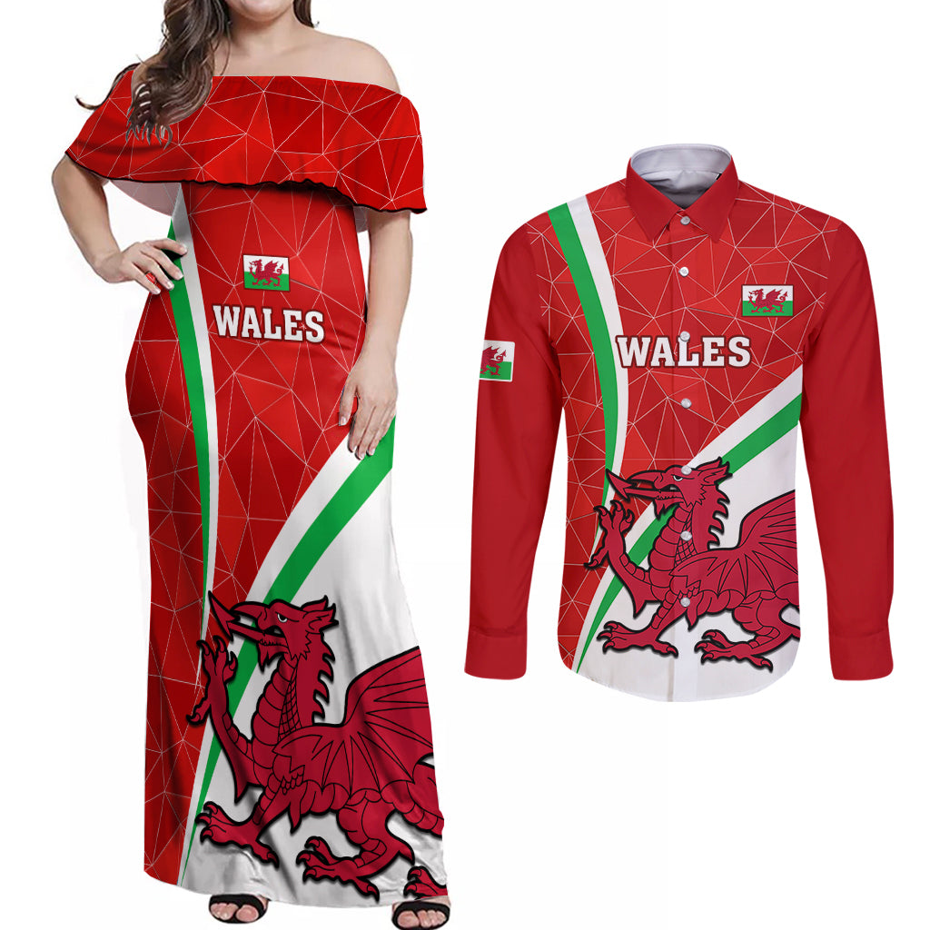 Custom Wales Rugby Couples Matching Off Shoulder Maxi Dress and Long Sleeve Button Shirts 2023 World Cup Cymru Curve Style - Wonder Print Shop