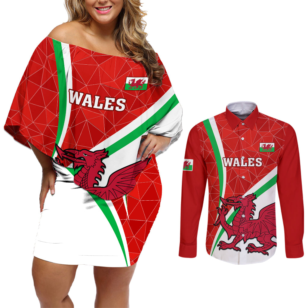 Custom Wales Rugby Couples Matching Off Shoulder Short Dress and Long Sleeve Button Shirts 2023 World Cup Cymru Curve Style - Wonder Print Shop