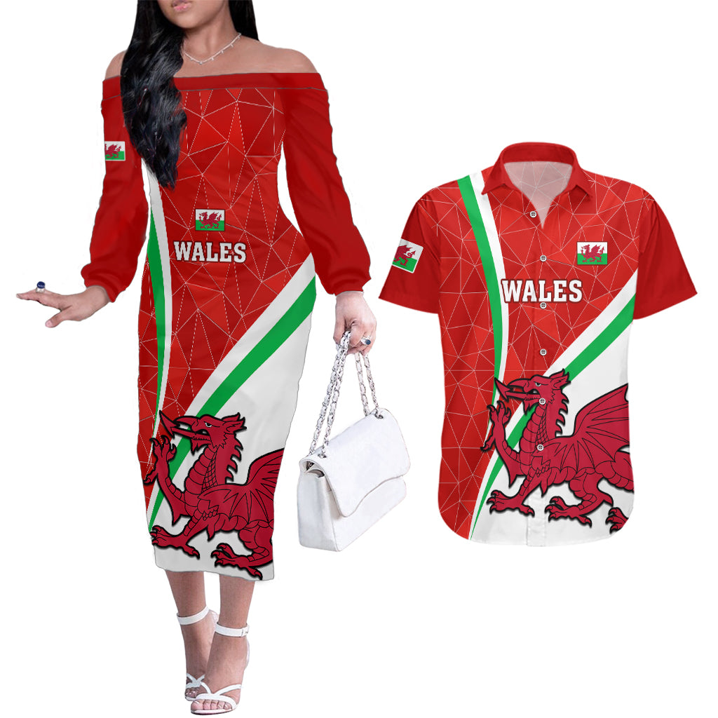 Custom Wales Rugby Couples Matching Off The Shoulder Long Sleeve Dress and Hawaiian Shirt 2023 World Cup Cymru Curve Style - Wonder Print Shop