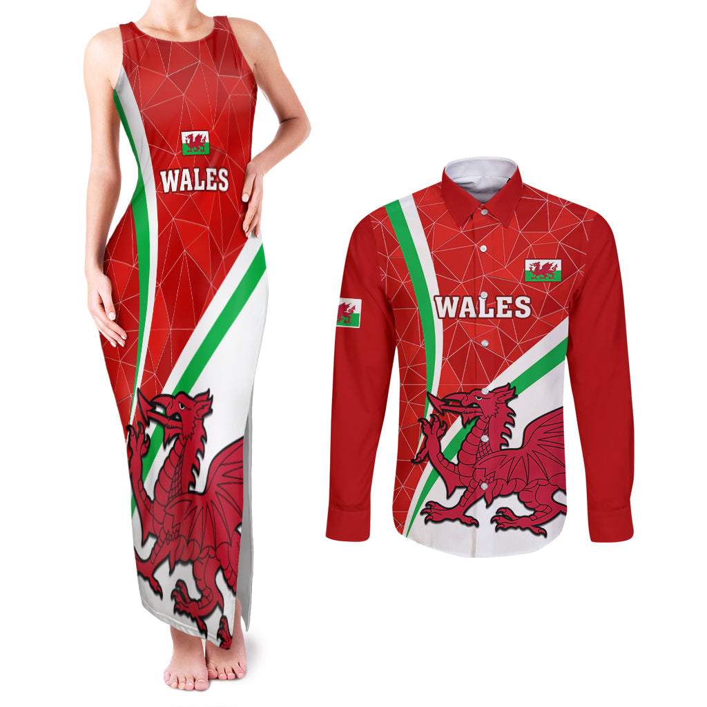 Custom Wales Rugby Couples Matching Tank Maxi Dress and Long Sleeve Button Shirts 2023 World Cup Cymru Curve Style - Wonder Print Shop