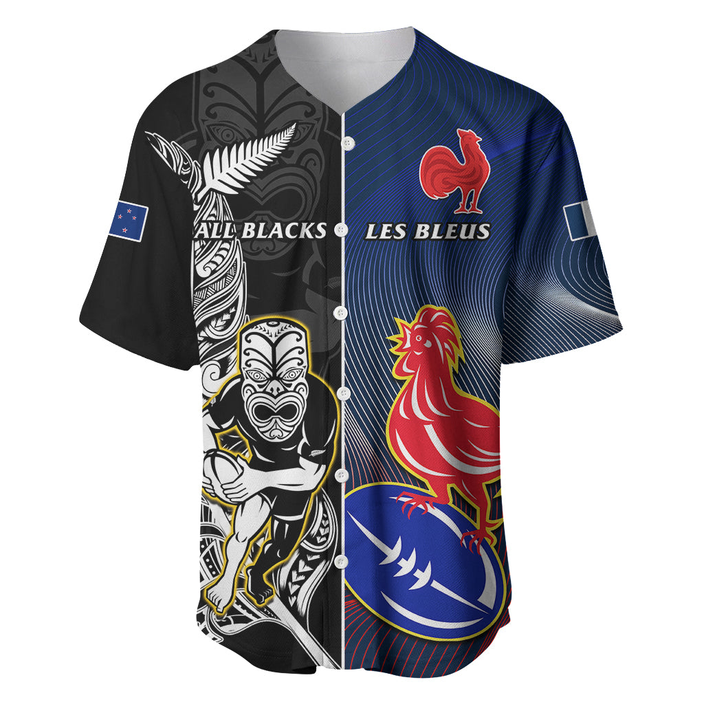 Black and blue rugby jersey, split front with All Blacks vs Les Bleus rooster graphics