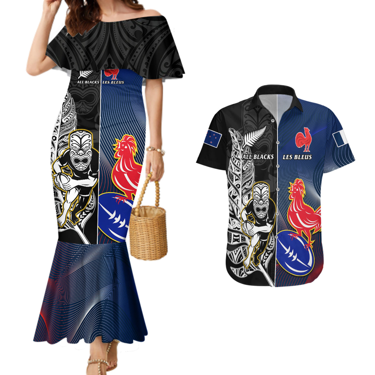 New Zealand And France Rugby Couples Matching Mermaid Dress and Hawaiian Shirt All Black With Les Bleus Together 2023 World Cup - Wonder Print Shop