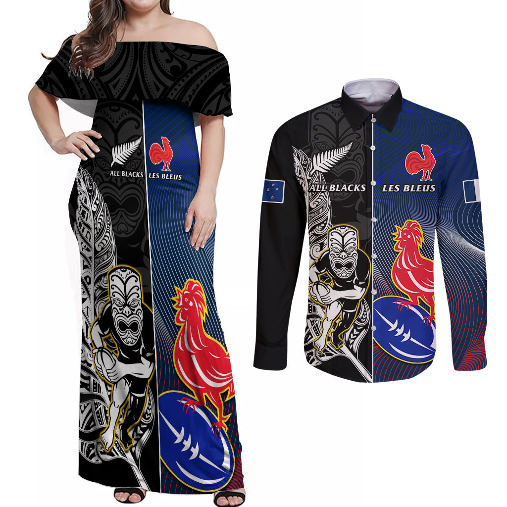 New Zealand And France Rugby Couples Matching Off Shoulder Maxi Dress and Long Sleeve Button Shirts All Black With Les Bleus Together 2023 World Cup - Wonder Print Shop