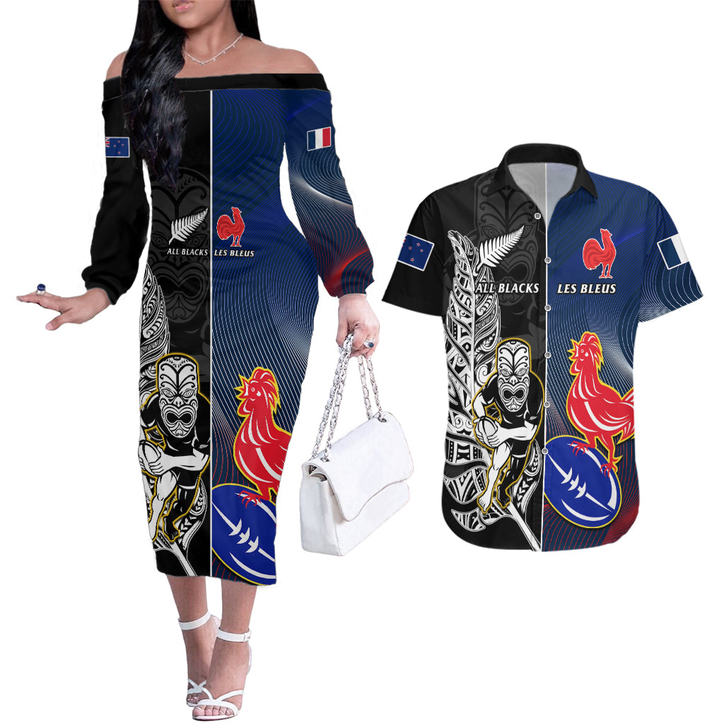 New Zealand And France Rugby Couples Matching Off The Shoulder Long Sleeve Dress and Hawaiian Shirt All Black With Les Bleus Together 2023 World Cup - Wonder Print Shop