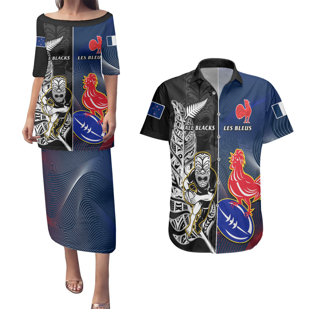 New Zealand And France Rugby Couples Matching Puletasi Dress and Hawaiian Shirt All Black With Les Bleus Together 2023 World Cup - Wonder Print Shop