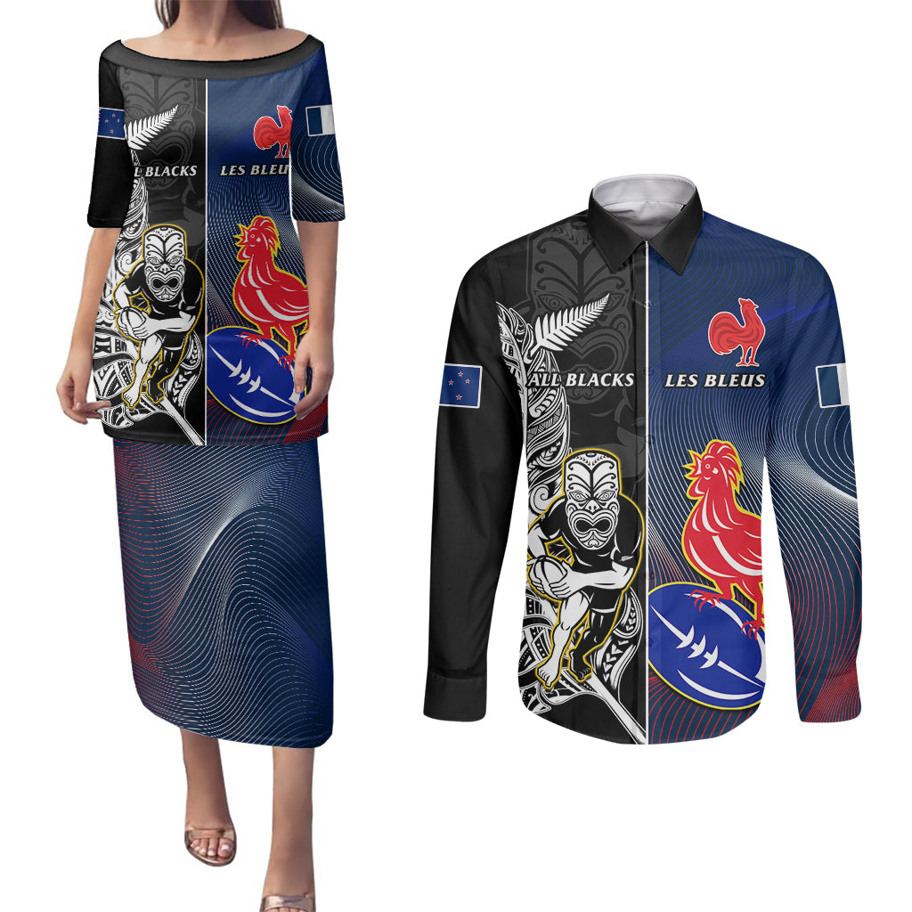 New Zealand And France Rugby Couples Matching Puletasi Dress and Long Sleeve Button Shirts All Black With Les Bleus Together 2023 World Cup - Wonder Print Shop