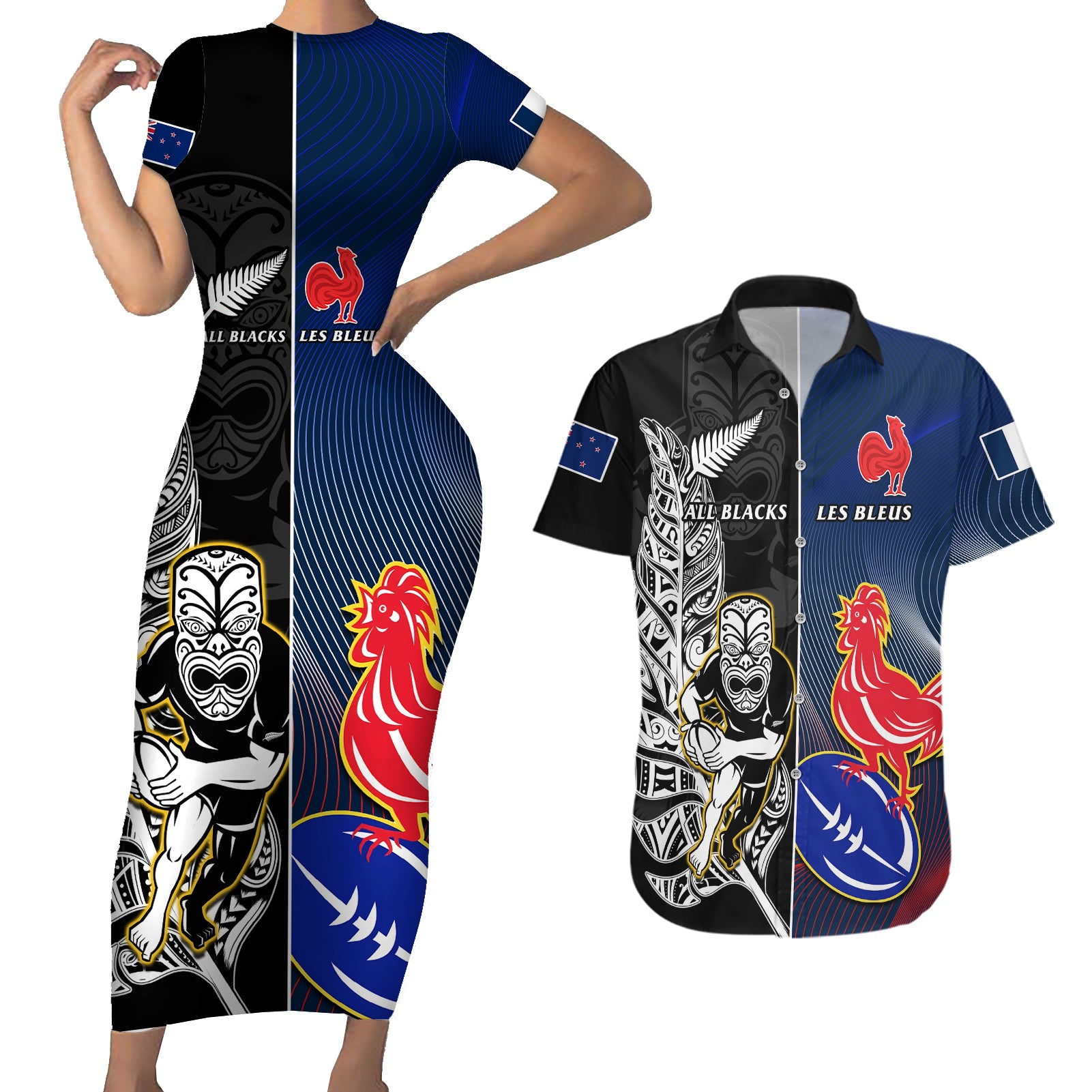 New Zealand And France Rugby Couples Matching Short Sleeve Bodycon Dress and Hawaiian Shirt All Black With Les Bleus Together 2023 World Cup - Wonder Print Shop