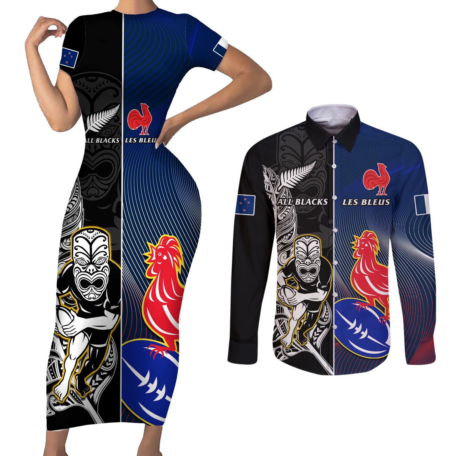 New Zealand And France Rugby Couples Matching Short Sleeve Bodycon Dress and Long Sleeve Button Shirts All Black With Les Bleus Together 2023 World Cup - Wonder Print Shop