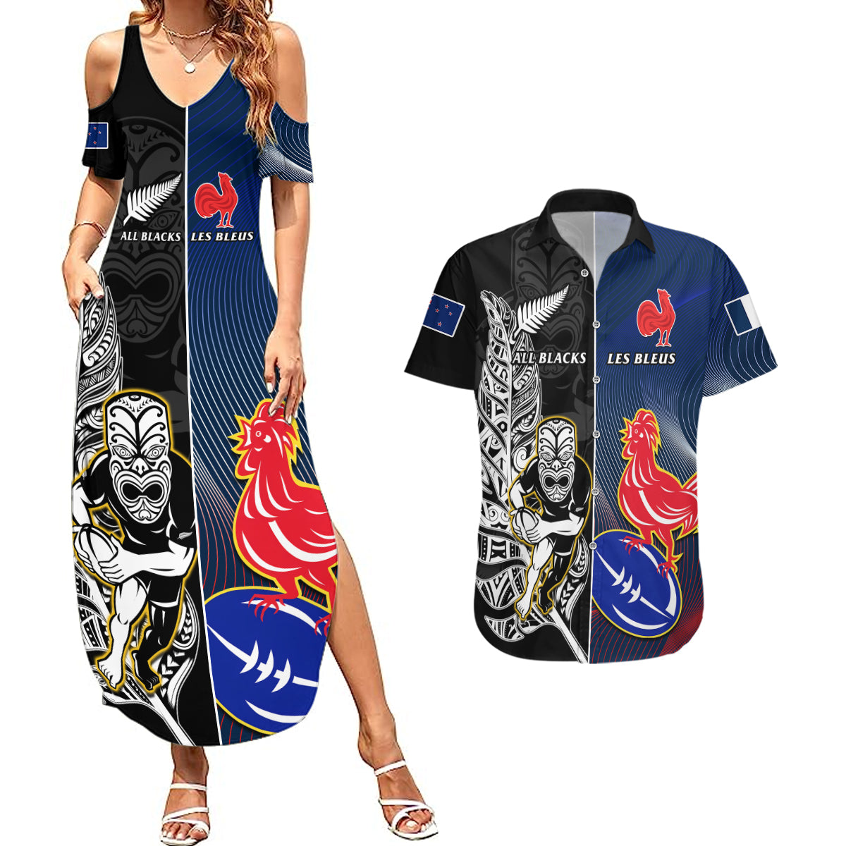 New Zealand And France Rugby Couples Matching Summer Maxi Dress and Hawaiian Shirt All Black With Les Bleus Together 2023 World Cup - Wonder Print Shop