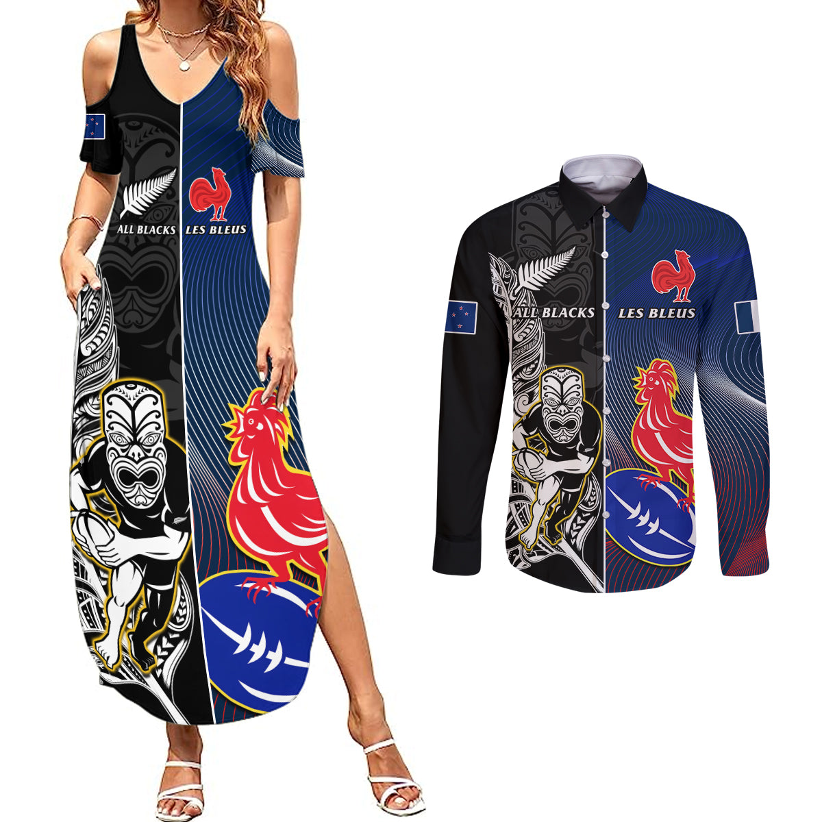 New Zealand And France Rugby Couples Matching Summer Maxi Dress and Long Sleeve Button Shirts All Black With Les Bleus Together 2023 World Cup - Wonder Print Shop