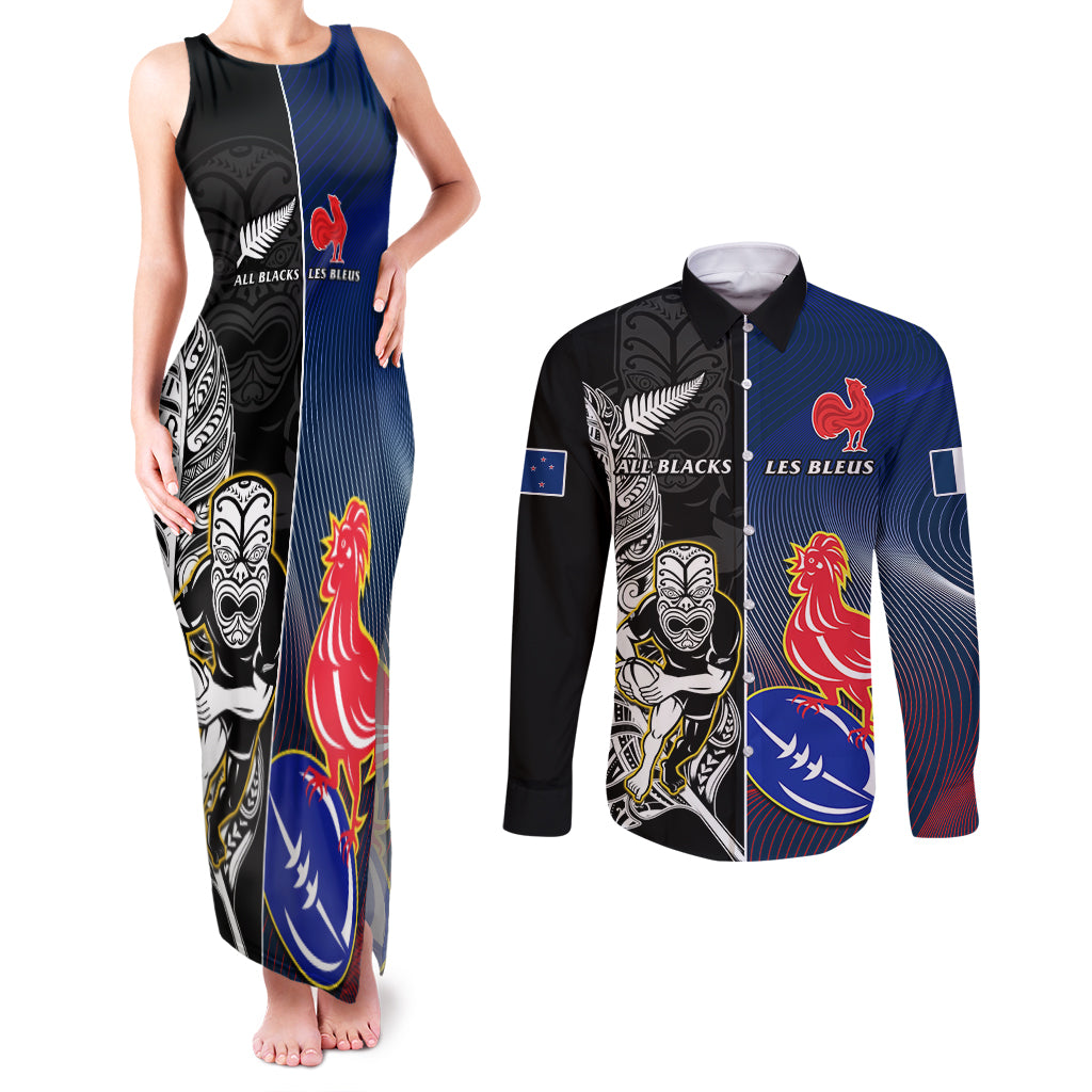 New Zealand And France Rugby Couples Matching Tank Maxi Dress and Long Sleeve Button Shirts All Black With Les Bleus Together 2023 World Cup - Wonder Print Shop