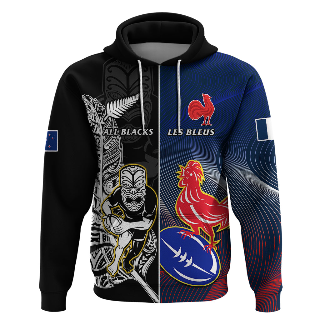 New Zealand And France Rugby Hoodie All Black With Les Bleus Together 2023 World Cup - Wonder Print Shop