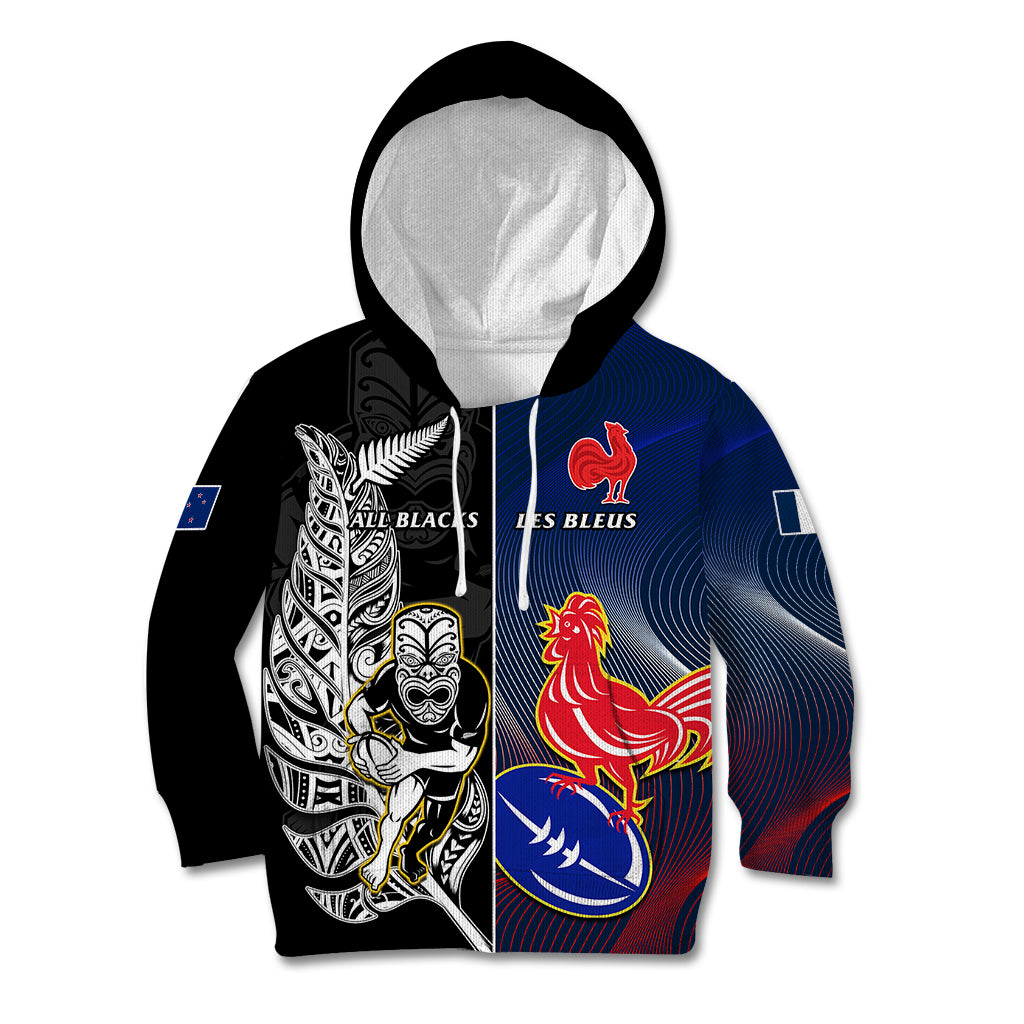 New Zealand And France Rugby Kid Hoodie All Black With Les Bleus Together 2023 World Cup - Wonder Print Shop