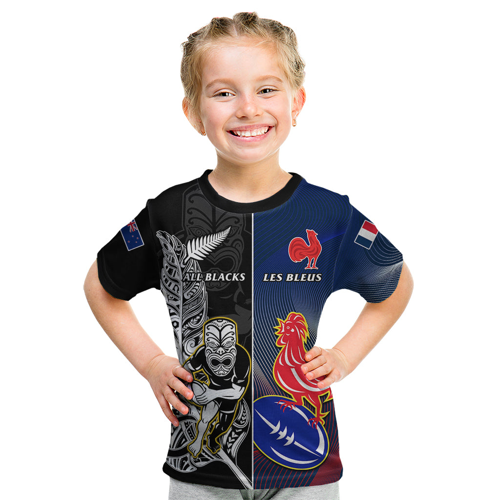 New Zealand And France Rugby Kid T Shirt All Black With Les Bleus Together 2023 World Cup - Wonder Print Shop