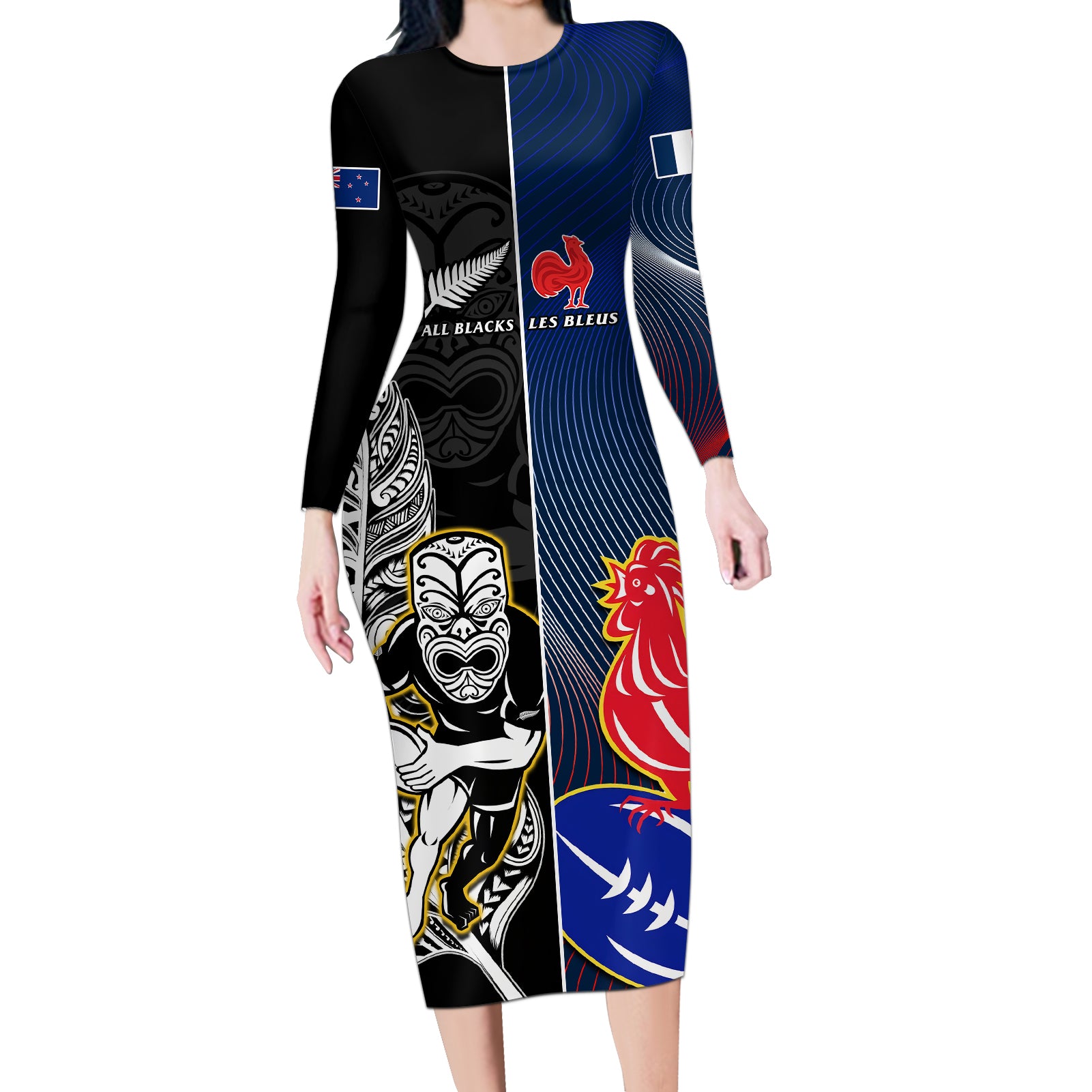 New Zealand And France Rugby Long Sleeve Bodycon Dress All Black With Les Bleus Together 2023 World Cup - Wonder Print Shop