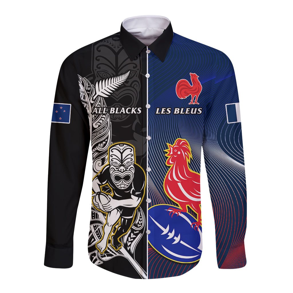 Black rugby long-sleeve button shirt with New Zealand and France crest graphics
