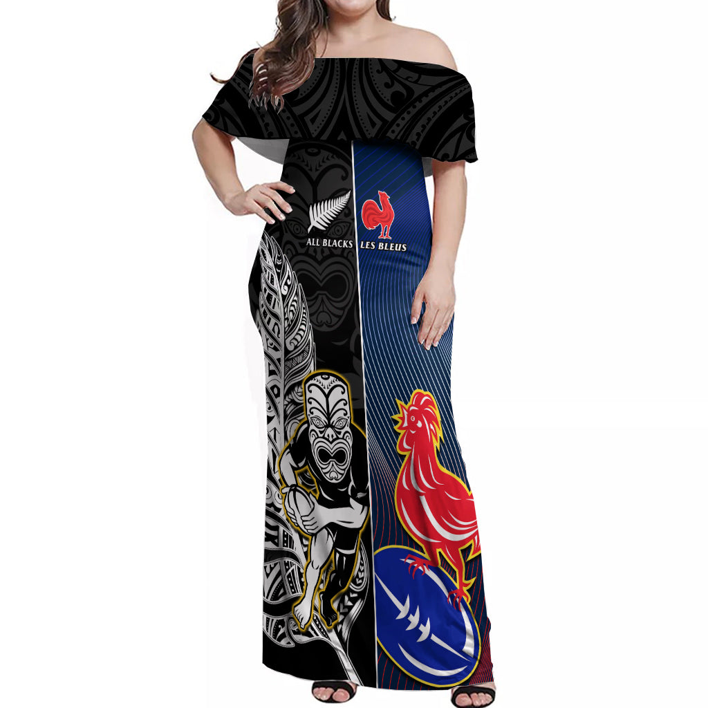 New Zealand And France Rugby Off Shoulder Maxi Dress All Black With Les Bleus Together 2023 World Cup - Wonder Print Shop