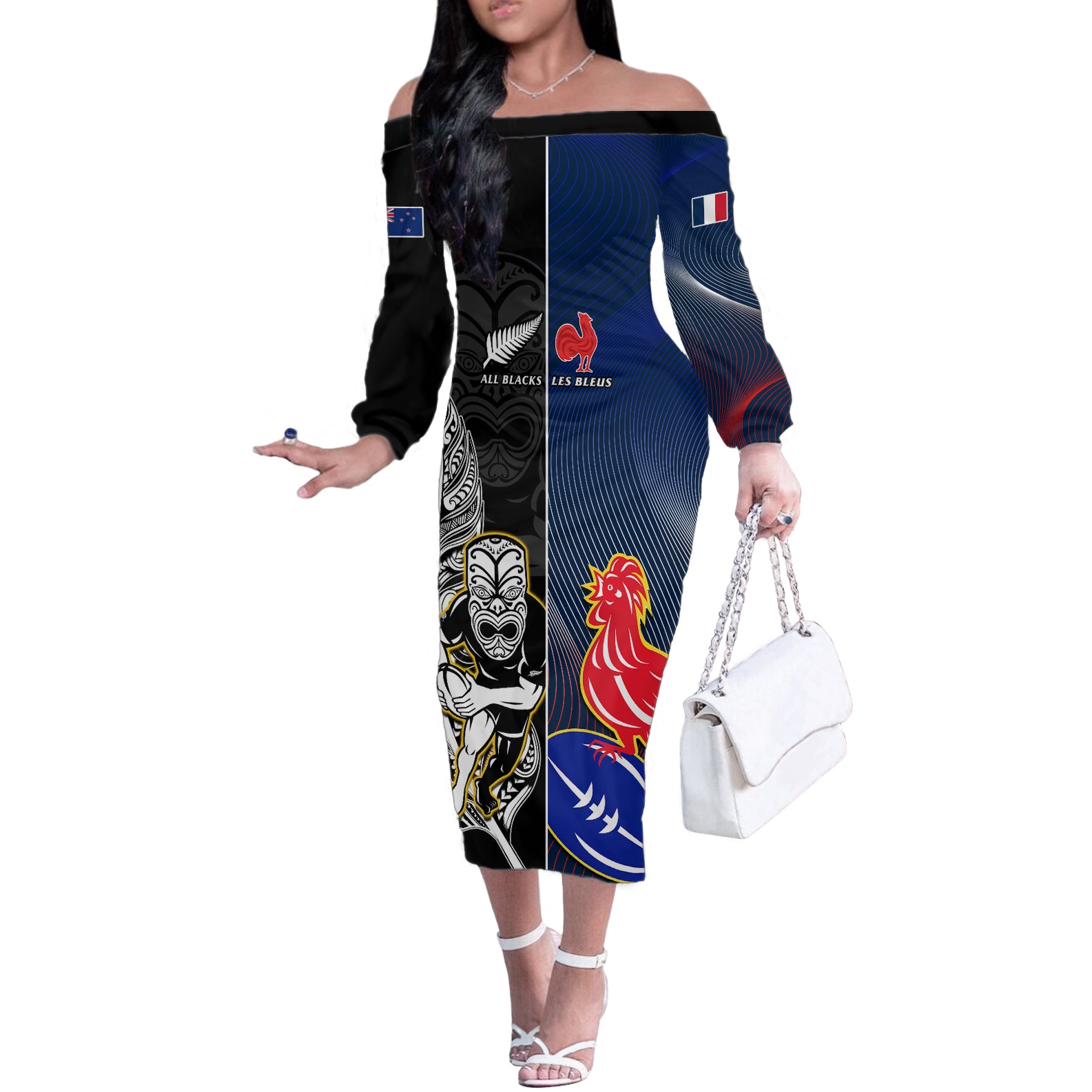 New Zealand And France Rugby Off The Shoulder Long Sleeve Dress All Black With Les Bleus Together 2023 World Cup - Wonder Print Shop