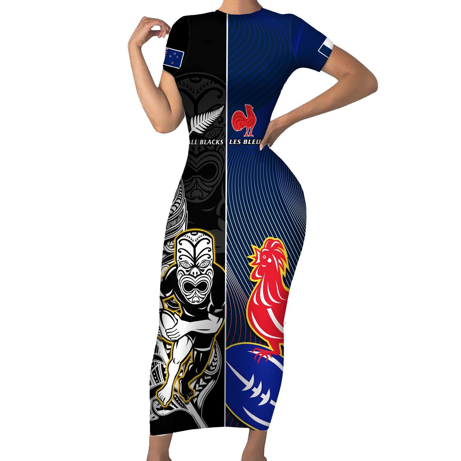 new-zealand-and-france-rugby-short-sleeve-bodycon-dress-all-black-with-les-bleus-together-2023-world-cup