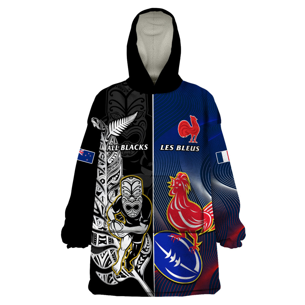 new-zealand-and-france-rugby-wearable-blanket-hoodie-all-black-with-les-bleus-together-2023-world-cup