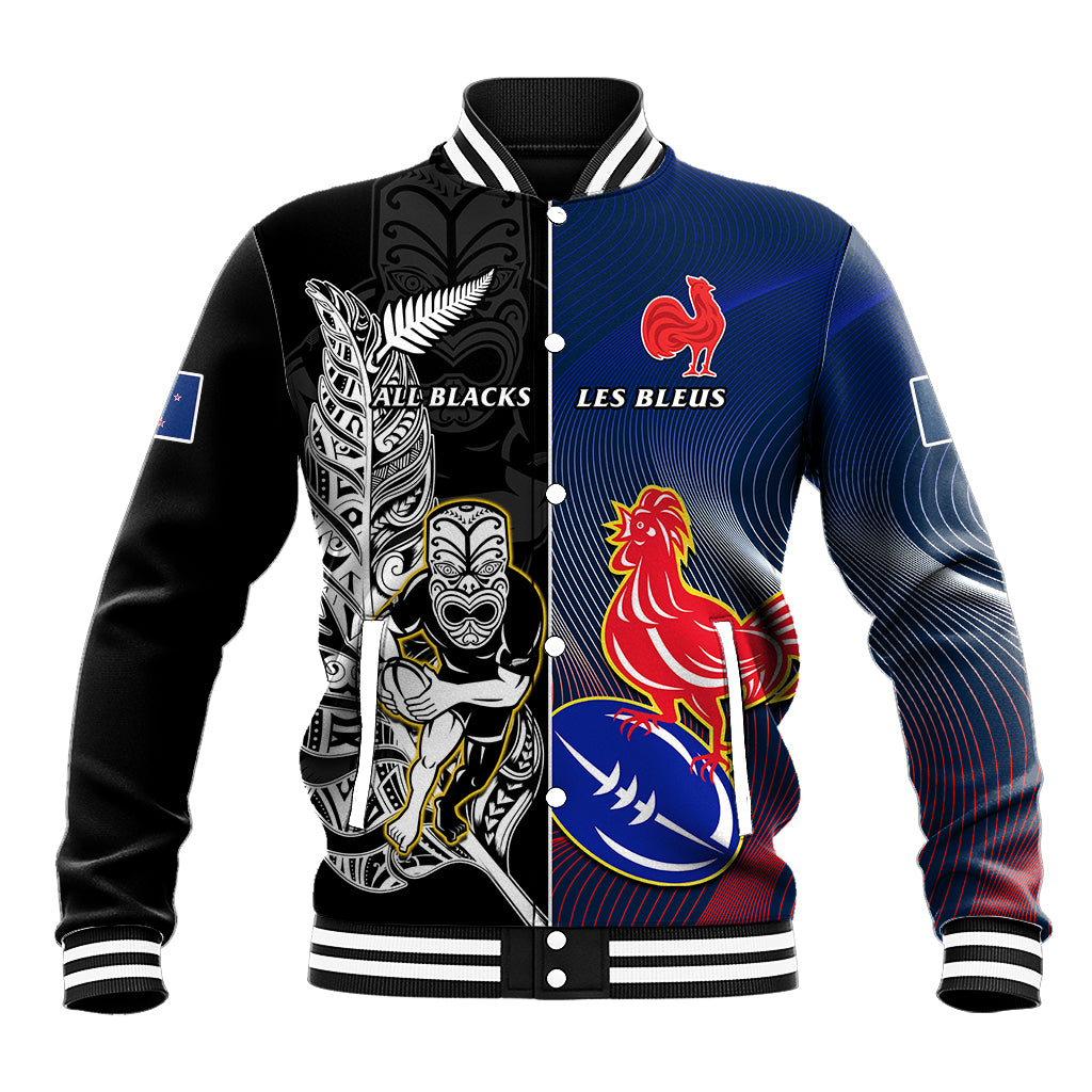 Rugby baseball jacket in black-and-blue with front button placket and crest graphics