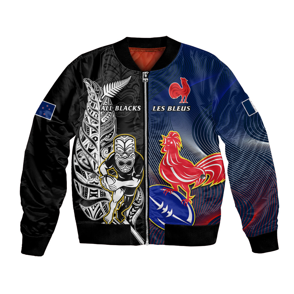 Black and blue rugby bomber jacket with zip front and All Blacks vs Les Bleus patch