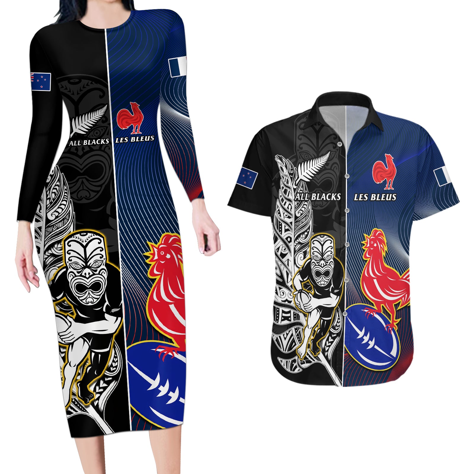 Custom New Zealand And France Rugby Couples Matching Long Sleeve Bodycon Dress and Hawaiian Shirt All Black With Les Bleus Together 2023 World Cup - Wonder Print Shop